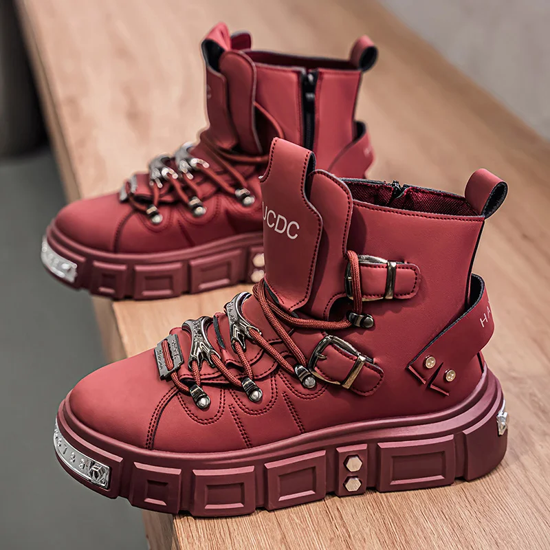 

Punk Metal Motorcycle Boots For Men Street Red Designer Ankle Boots Man High Top Boots British Style Platform Men's Biker Shoes