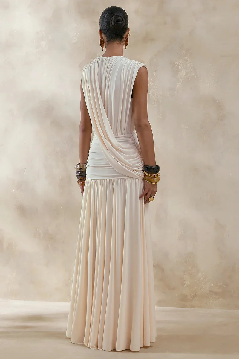 Mozision Elegant Deep V Neck Sexy Maxi Dress Women Fashion Sleeveless Draped Ruched Waist Bodycon Club Party Long Dresses Female