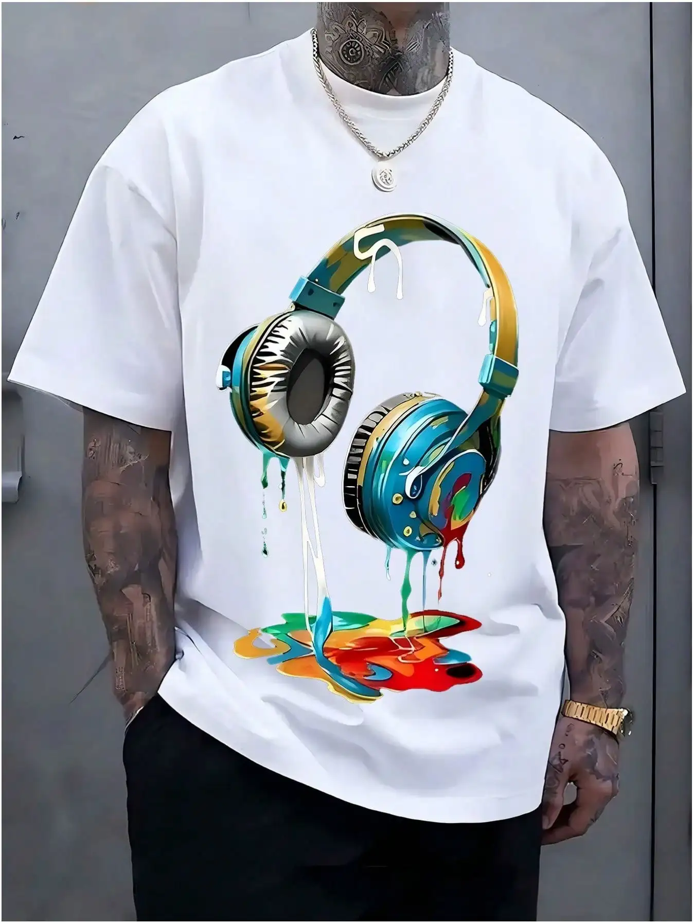 Men's White Cotton T-Shirt with Colorful Melting Headphone Graphic, Casual Street Style, Short Sleeve, Round Neck