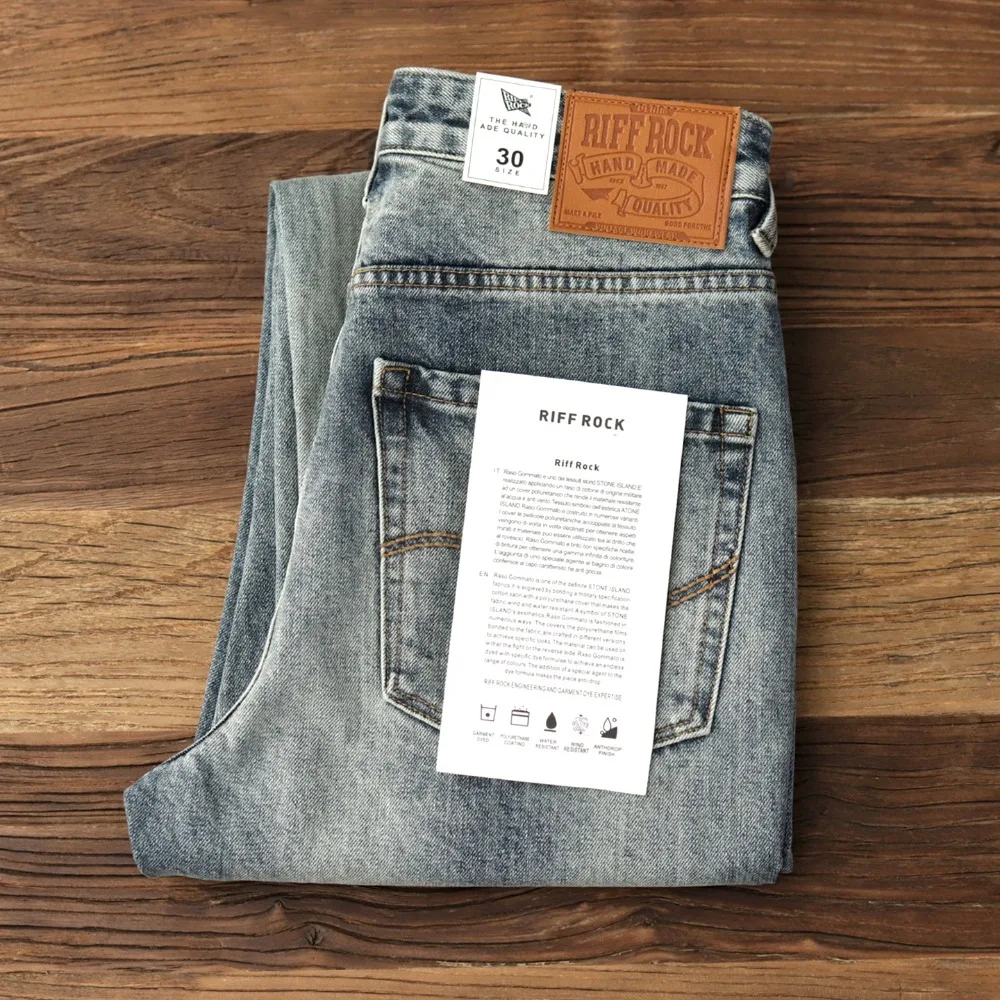 Jeans da uomo in cotone 100%, lavaggio pesante retrò americano e pantaloni dritti slim casual dai vecchi colori chiari