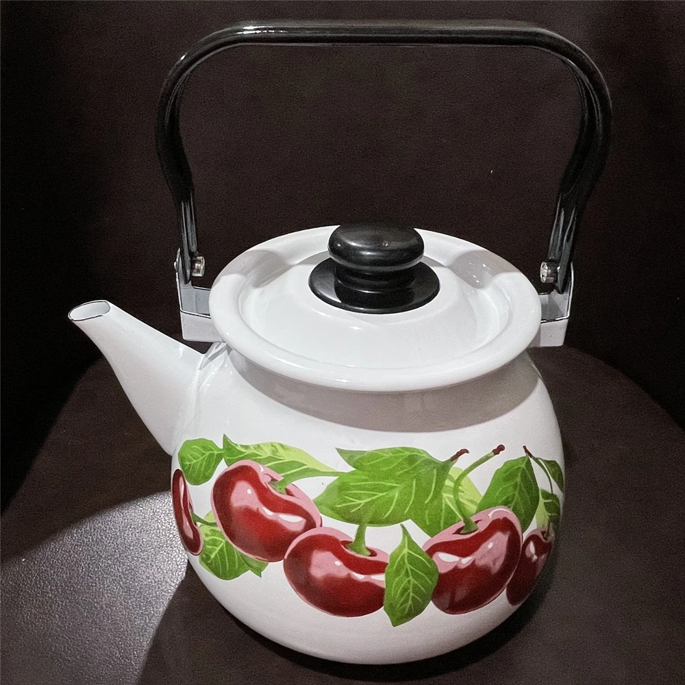 New Large Capacity Kitchen Enamel Kettle Classic White Cherry Milk Teapot Induction Cooker Gas Cooker Universal Outdoor Kettle