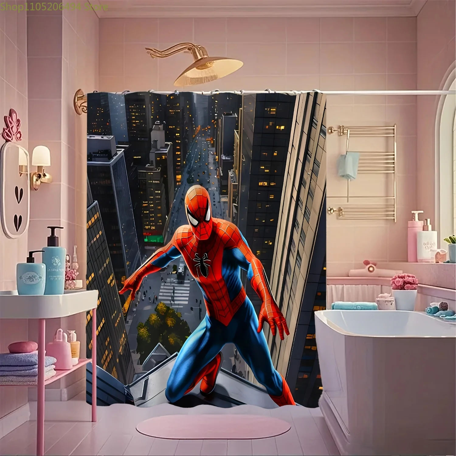 

Занавеска для душа Marvel Spider с крючками - яркий полиэстеровый дизайн, подходит для круглогодичного декора ванной комнаты, можно стирать в машине.