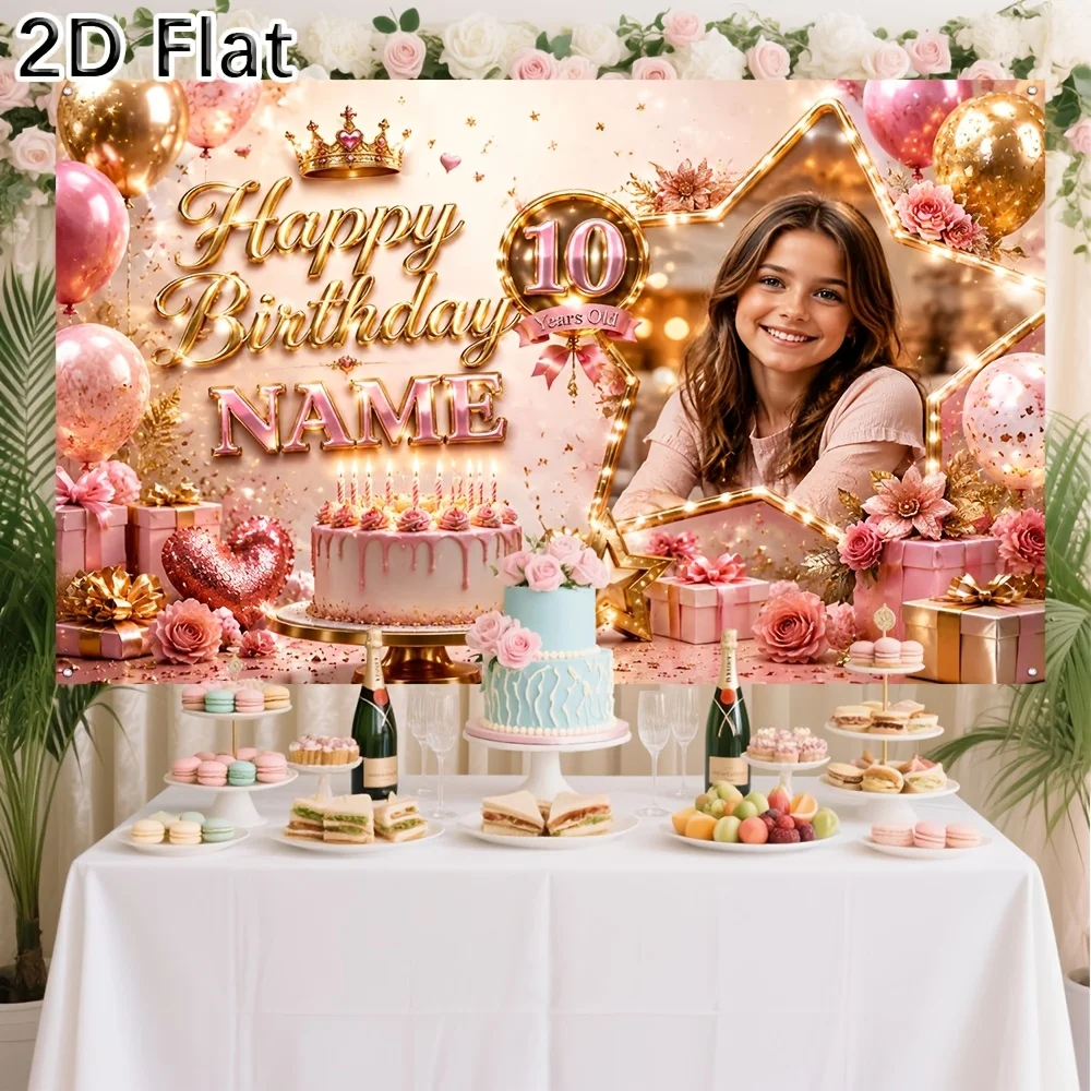 Party Banner Gold - 1個入り パーソナライズされたピンクゴールド 10歳の誕生日おめでとう背景幕 カスタム名入り写真バナー 女の子の誕生日パーティー装飾用