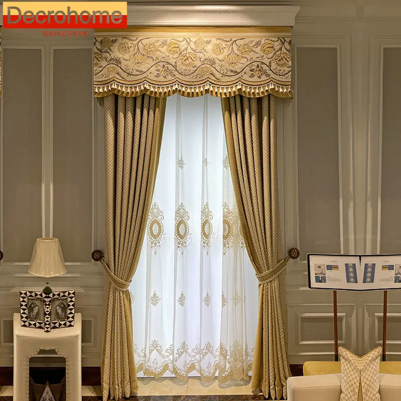 

Plaid Jacquard Chenille Stitching Thickened Blackout Curtains for Living Room Bedroom Embroidered Yarn French Window Valance