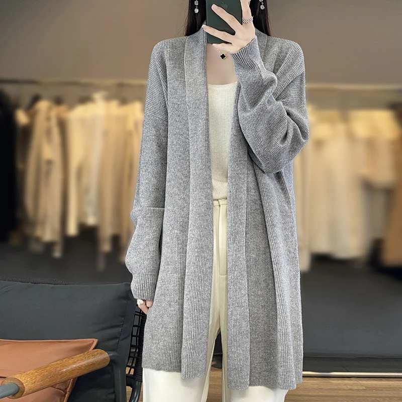 가을 여성용 가디건 100% 메리노 울 라펠 코트 솔리드 컬러 니트 롱 가디건 루즈핏 여성 의류 한국 스타일 코트