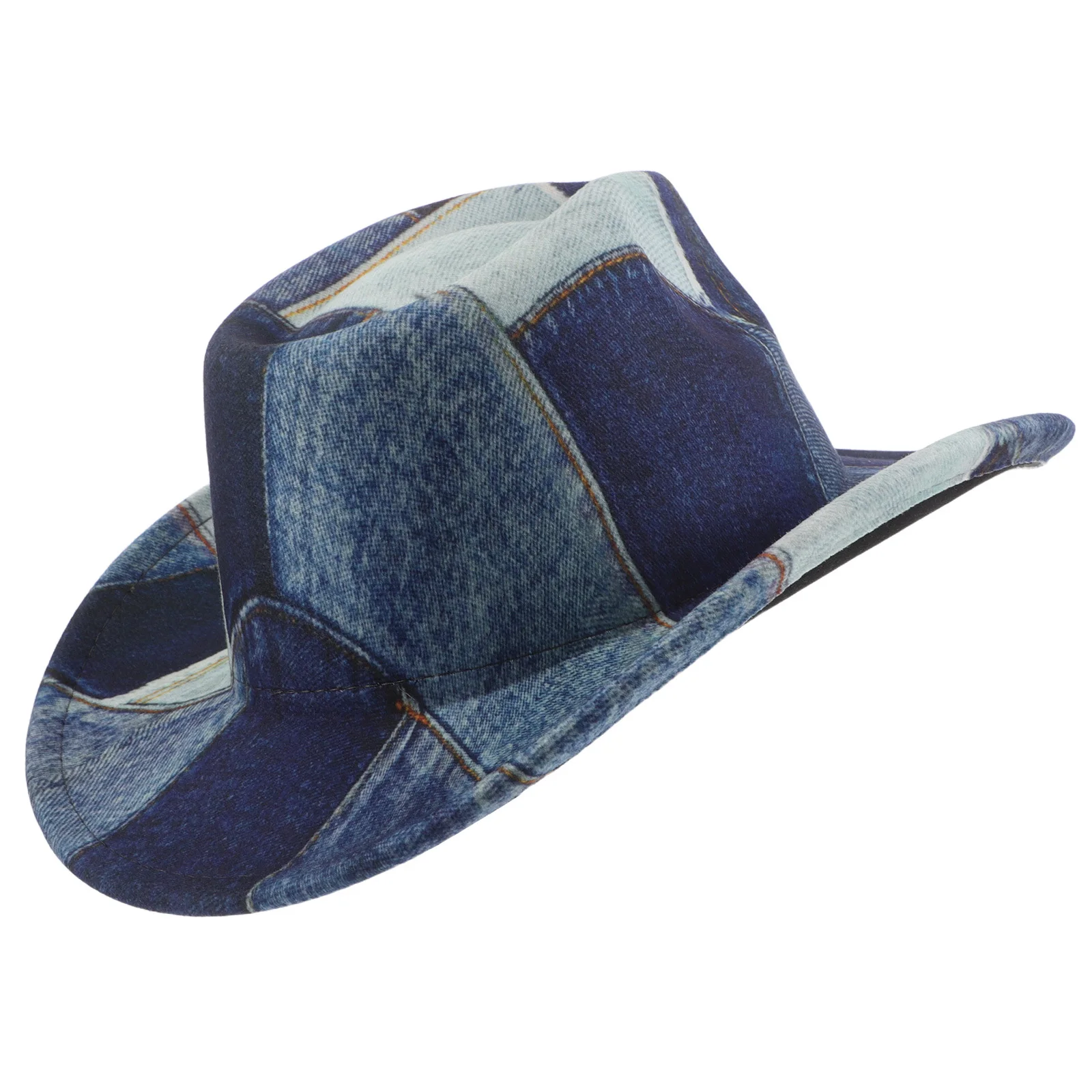 

Western Cowboy Hat Vintage Patchwork Denim Print Wide Brim Polyester 56-58Cm Costume Party Cosplay Dress Up Accessories