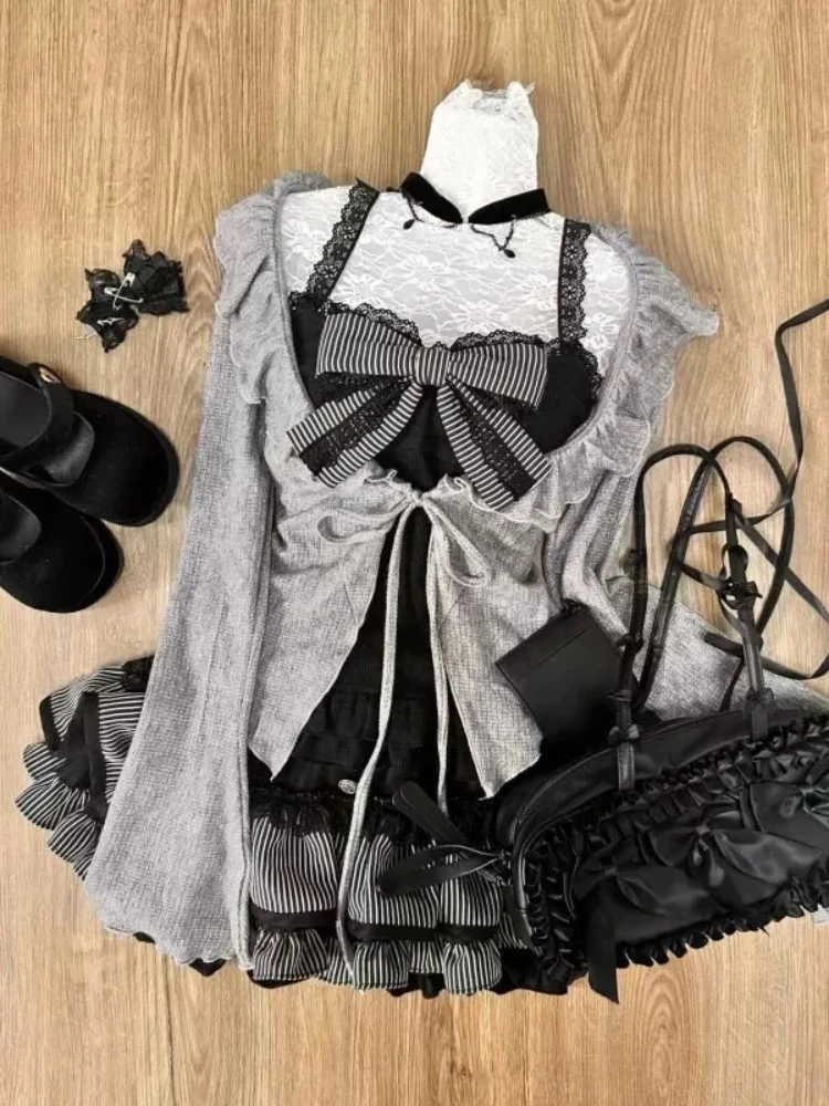 Japanese Style Sweet Preppy Chic 3 Piece Set Skirt Suit Grey Flounce Cardigan+Black Lace Vest+Slim Cake Skirt Women 2024 Clothes