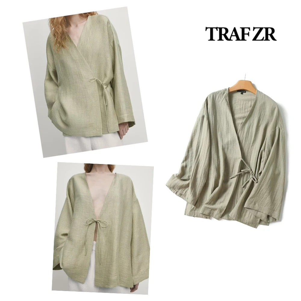 TRAF ZR Blouse with Ties Long Drop Sleeves Women\'s Kimono V-neck Collar Wrap Cardigan Wrinkled Tops with Side Splits 2-styles