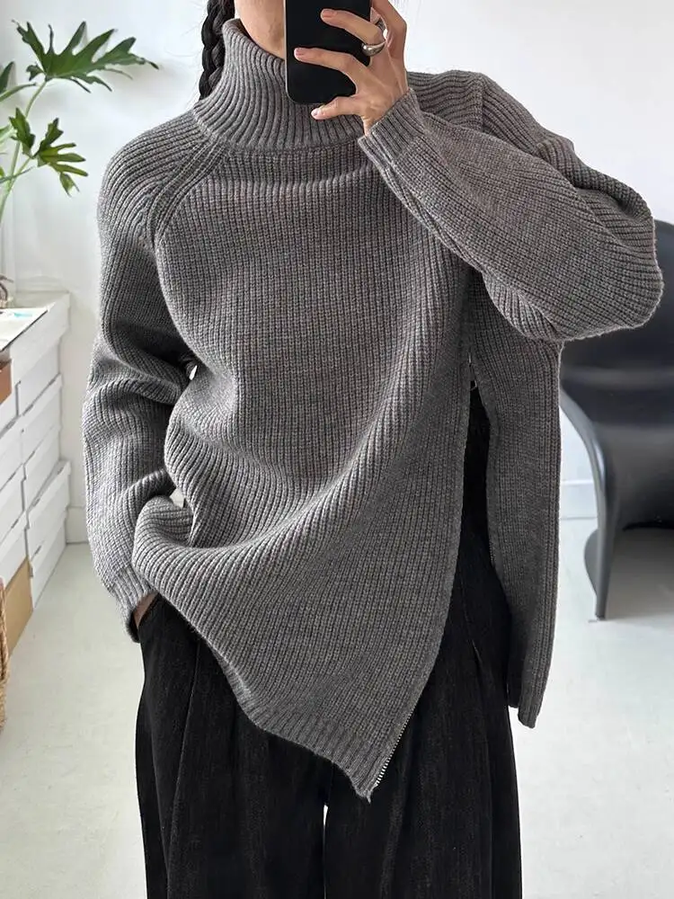 

HUISONG корейский двуглавый однотонный винтажный пуловер на молнии с высоким воротником, свободный повседневный вязаный женский модный весенне-осенний пуловер