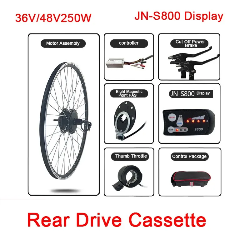 Mountain bike Conversion Kit 36V 48V 250W Rear Drive Cassette Motor JN 15A Controller S866/UKC1 Display e-Bike refit Accessory