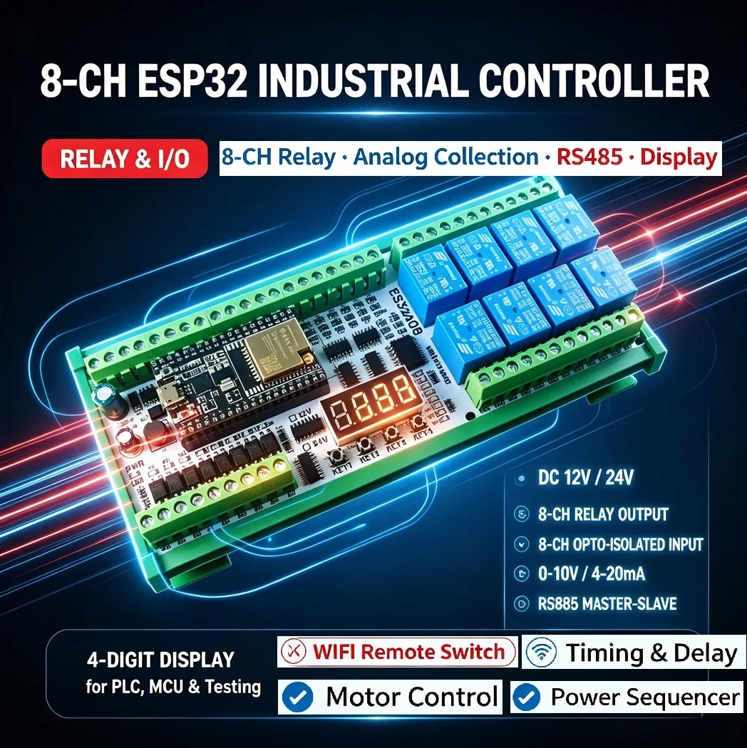 DC 12V 24V 8AI-8DI-8DO ESP-WROOM-32 ESP32 Expansion Board RS485 4-20MA 0-5V 0-10V Analog Collection Wifi Relay Switch DIY