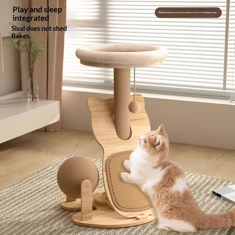 

Durable Wooden Cat Climbing Tree, Large Sisal Scratch Pad No-Shedding, Self-Play Toy House & Cat Scratcher for Large Cats