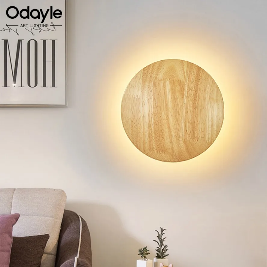 Circular LED Wall Lamp Wooden Modern Minimalist and Creative Home Lamp Bedroom Living Room Background Wall Decoration Lighting