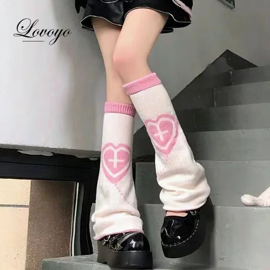 INS Cross Leg Warmers Women Harajuku Warm Pile Socks Kawaii Knit Love Foot Warmers Y2K Lingerie Accessories Calf Knee Socks