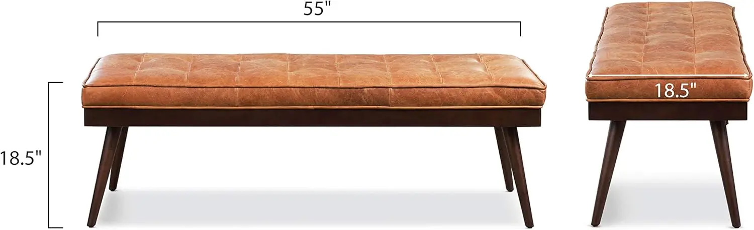 55" Tufted Leather Bed Bench for Bedroom End of Bed - Living Room Entry Way Bench - Pure Italian Leather Upholstery