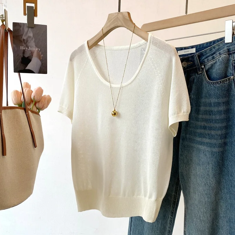 Dave&di 26 Summer New Product: Seamless One-piece U-neck Short Sleeved Knitted Shirt Made Of Silkworms And Hemp Simple And Vers
