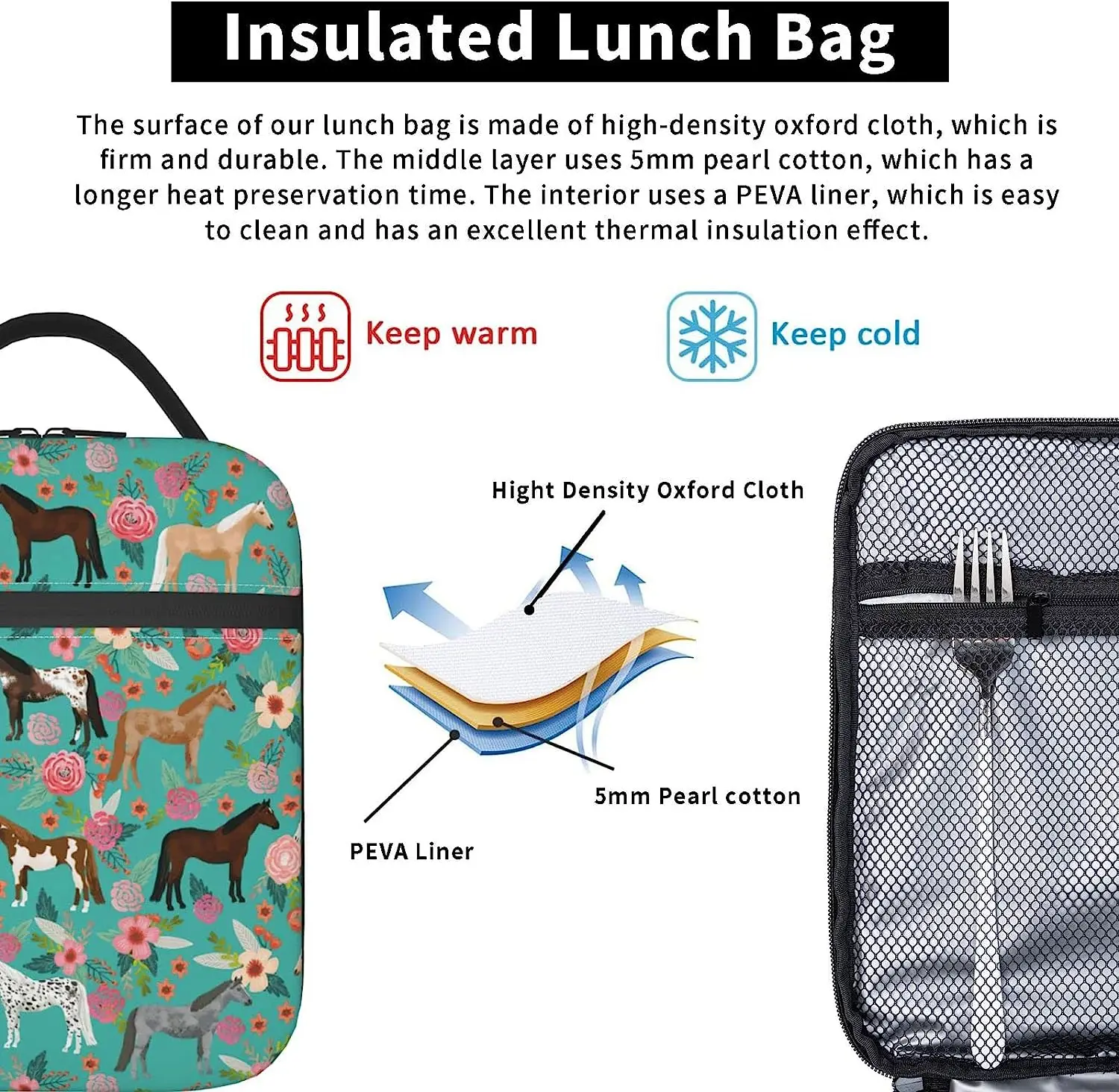 Horse And Flower Lunch Box Insulated Lunch Bags Zipper Lunch Bag Cooler Tote Bag For Teens Men Women Office Picnic