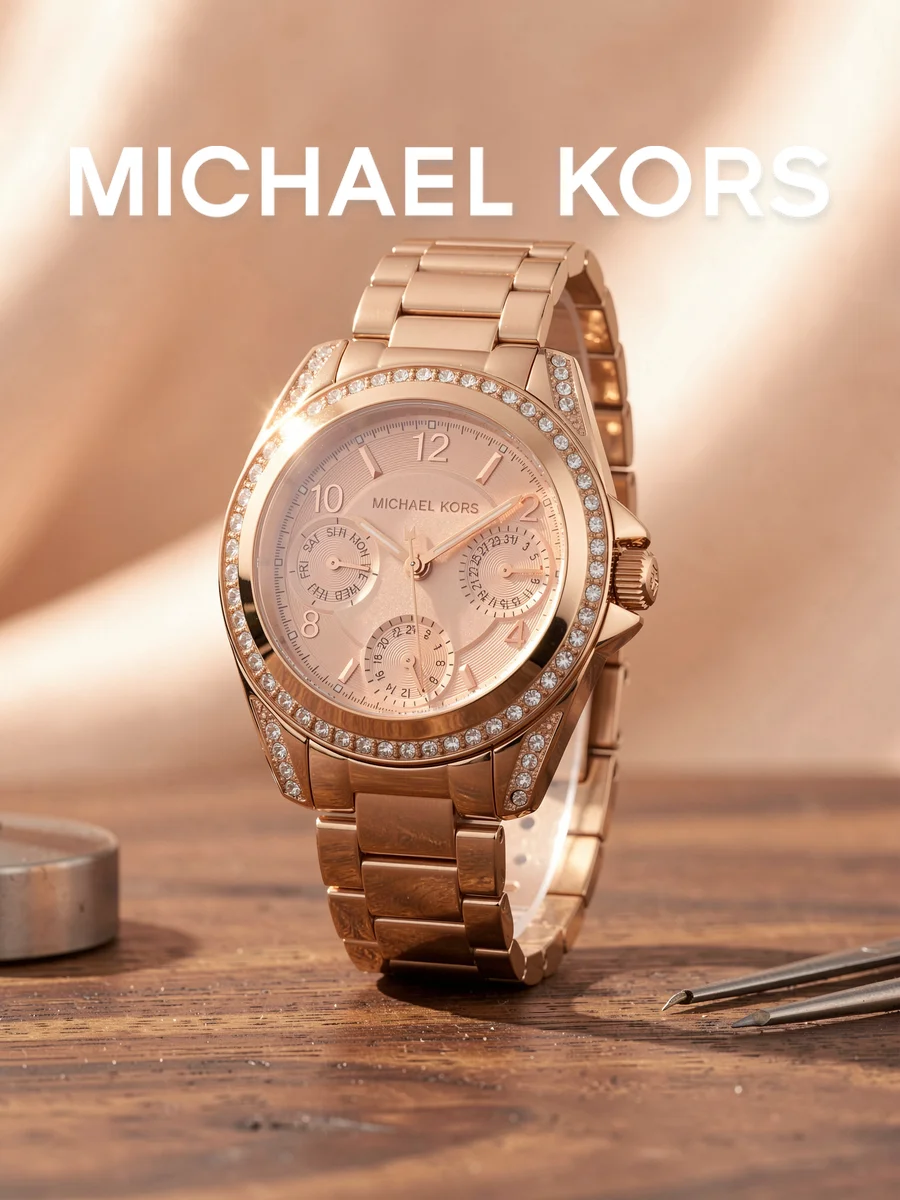 Women's Watch Rose‑gold Stainless Steel Bracelet Multi‑function Dial Pave Crystal‑encrusted Bezel Accessory for Business Casual