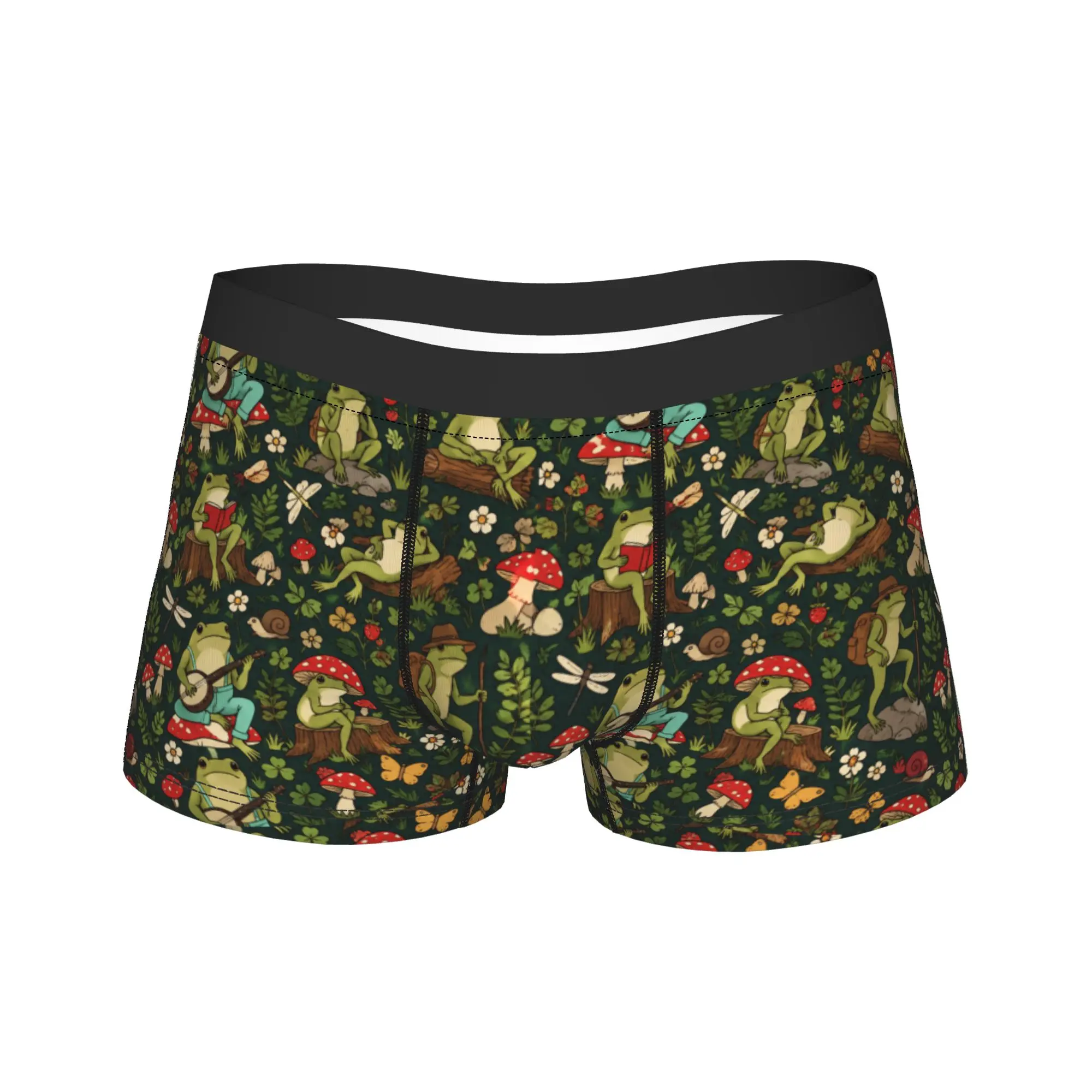 Cute Cottagecore  Frog Playing Banjo on Mushroom Trunk  3D Pouch Underwear Trenky Printed Boxer Brief Classic Man Underpants