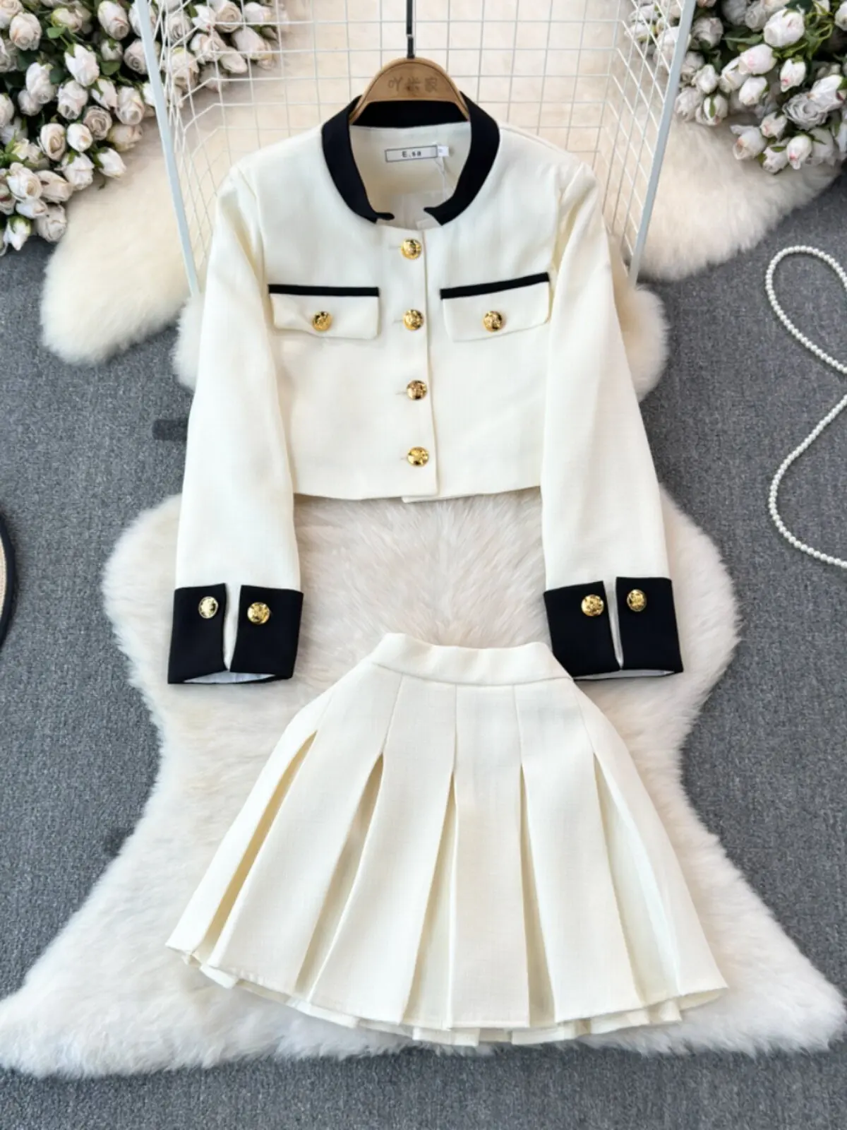 

French Style Women Skirt Set Tweed Color Block Long Sleeve Stand Collar Coat 2 Piece Set High Waist Slim Pleated Midi Skirt Set