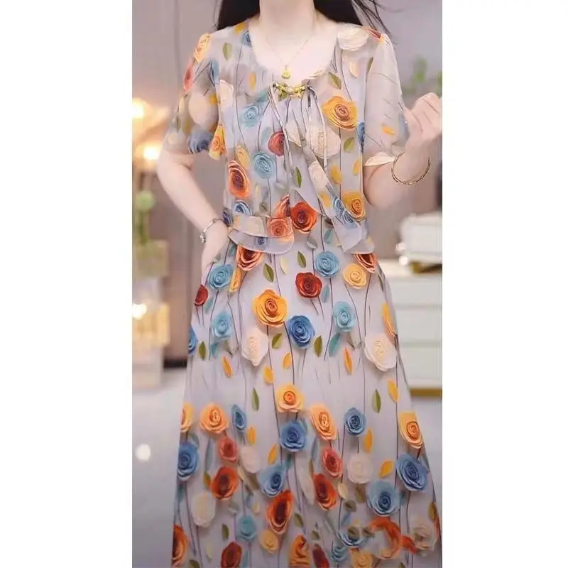 Requintado vestido feminino de manga curta estampada, elegante e bonito, camisa de comprimento médio, saia de verão, novo, 2024