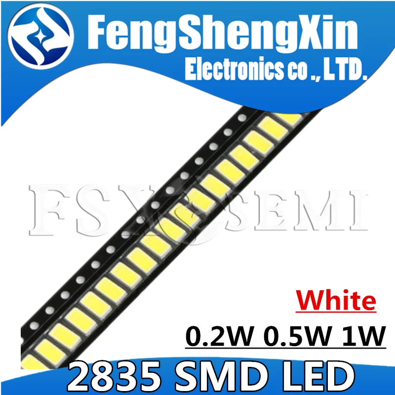 고휘도 SMD LED 2835 램프 비드, 백색 다이오드, 1W, 0.5W, 0.2W, 3V, 6V, 9V, 18V, 36V, 150MA, 100MA, 30MA, 60MA, 80MA, 6000-6500K, 100 개