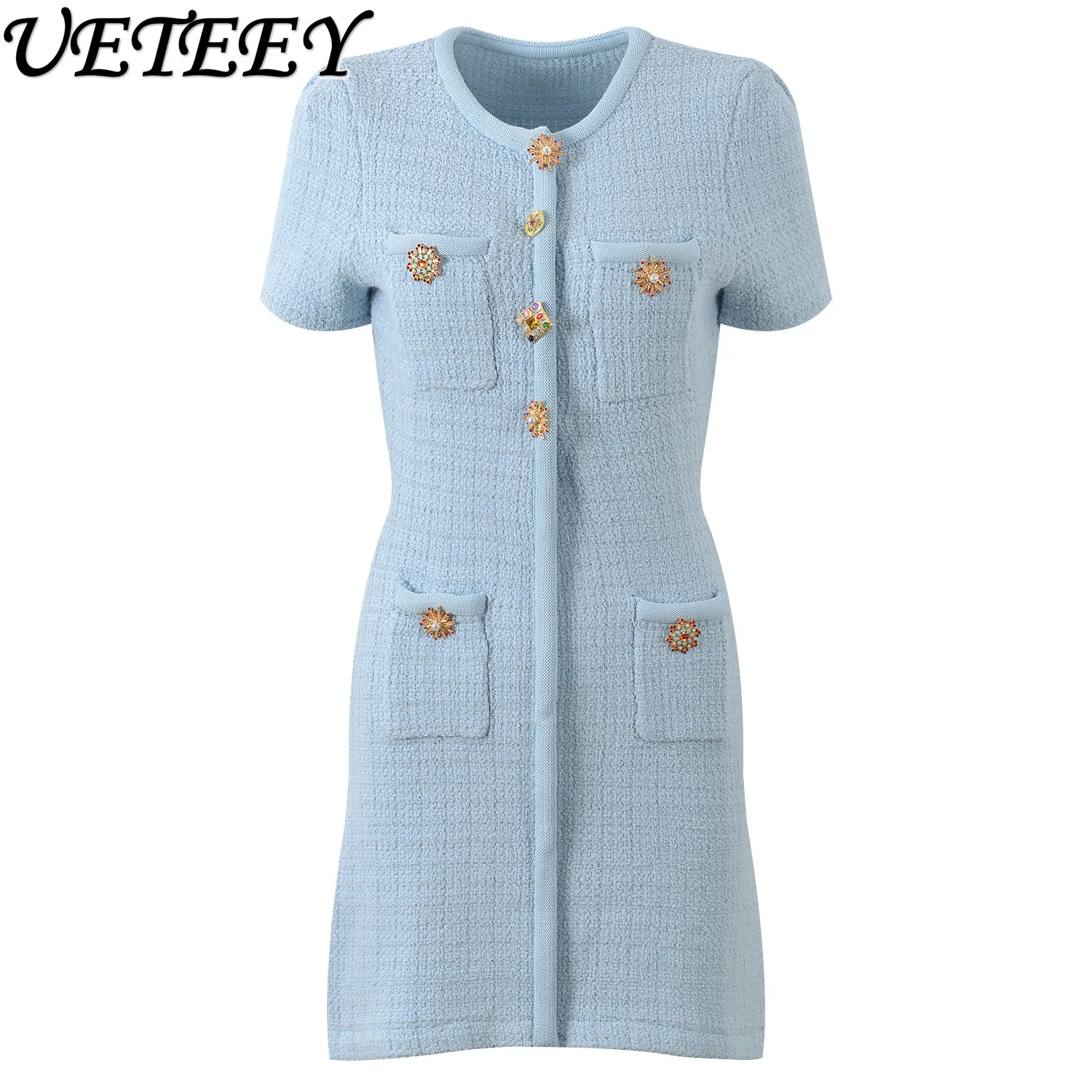 Spring and Autumn New Temperament Celebrity Blue Design Button Diamond Jewelry Pocket Dress Slim Skinny Short Sleeve Dresses