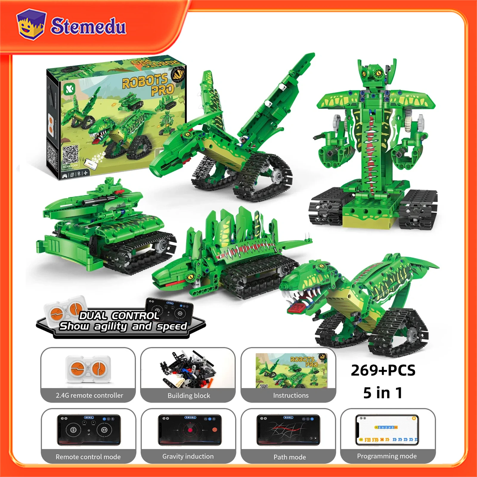 

5 in 1 City Technical Remote Control Dinosaur Deformed Robot Building Blocks MOC Jurassic Rex APP RC Bricks Toys for Kids Gifts