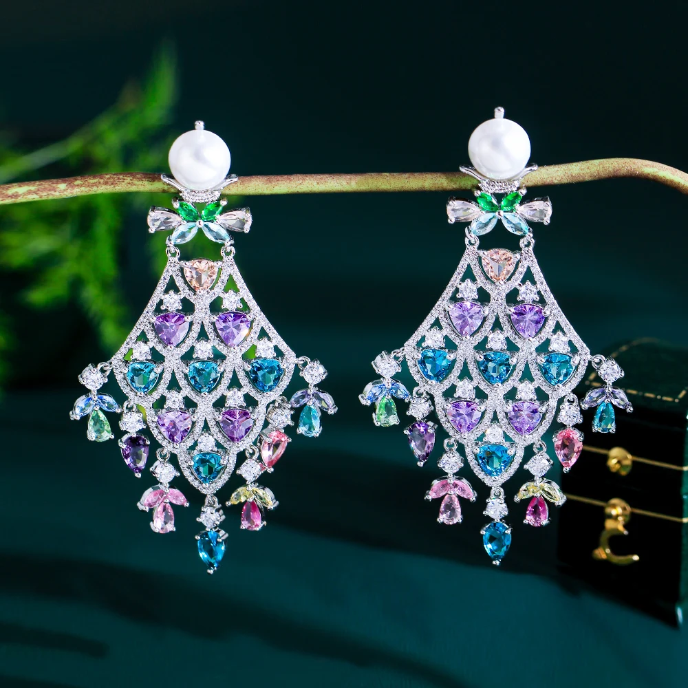 CWWZircons Luxury Chunky Cubic Zirconia Pave Multicolor Large Long Chandelier Drop Dangle Bridal Party Earrings for Women CZ678