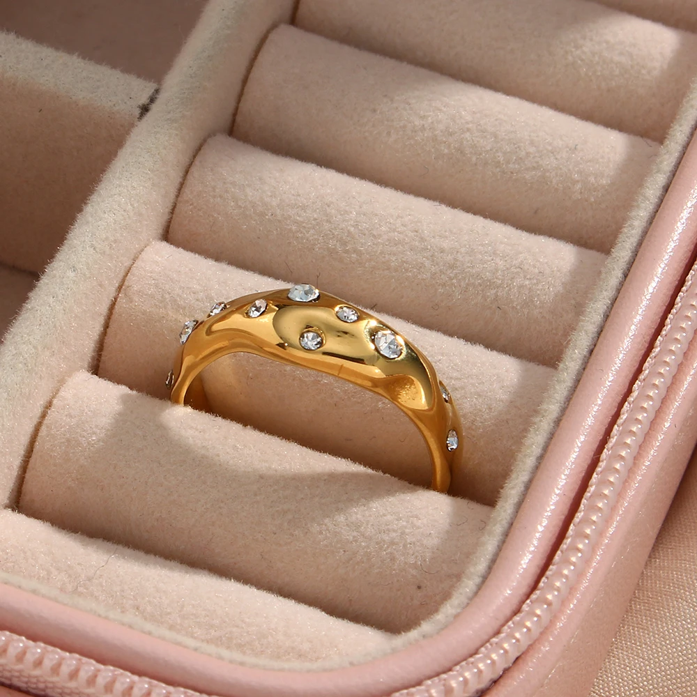 E.B.belle Stainless Steel Irregular Snake Shape Crystal Ring Gold Plated Tarnish Free Jewelry Laides Elegant Ring