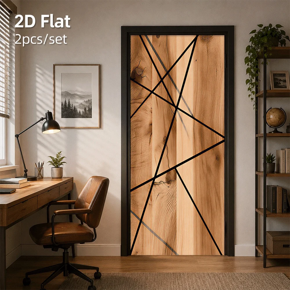 1 piece of modern geometric line wood grain door sticker, living room bedroom decoration sticker, simple artistic style 2D plan