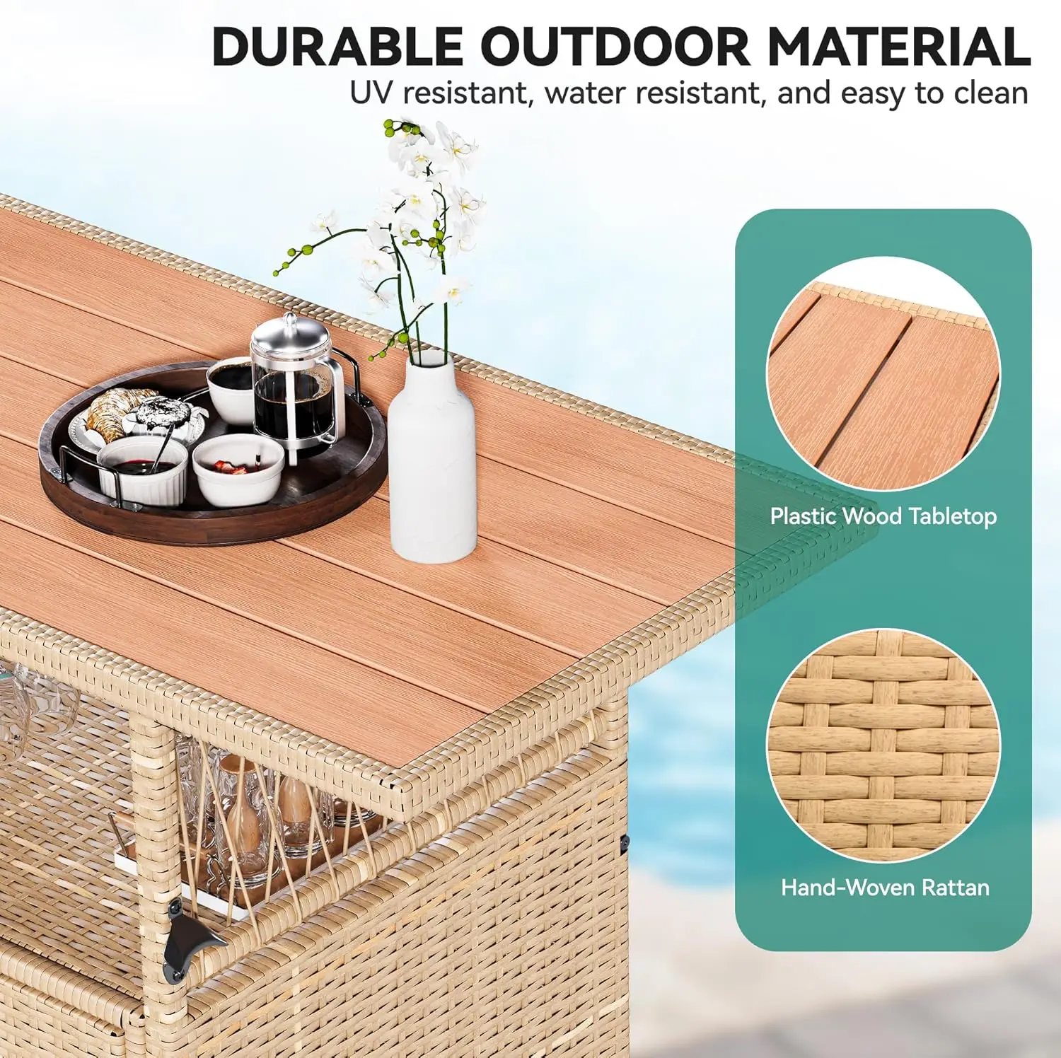 Yitahome Xl Outdoor Storage Cabinet Patio Wicker Bar Table W/Plastic Wood Tabletop, Wine Glass Holders And Built-In Bottle