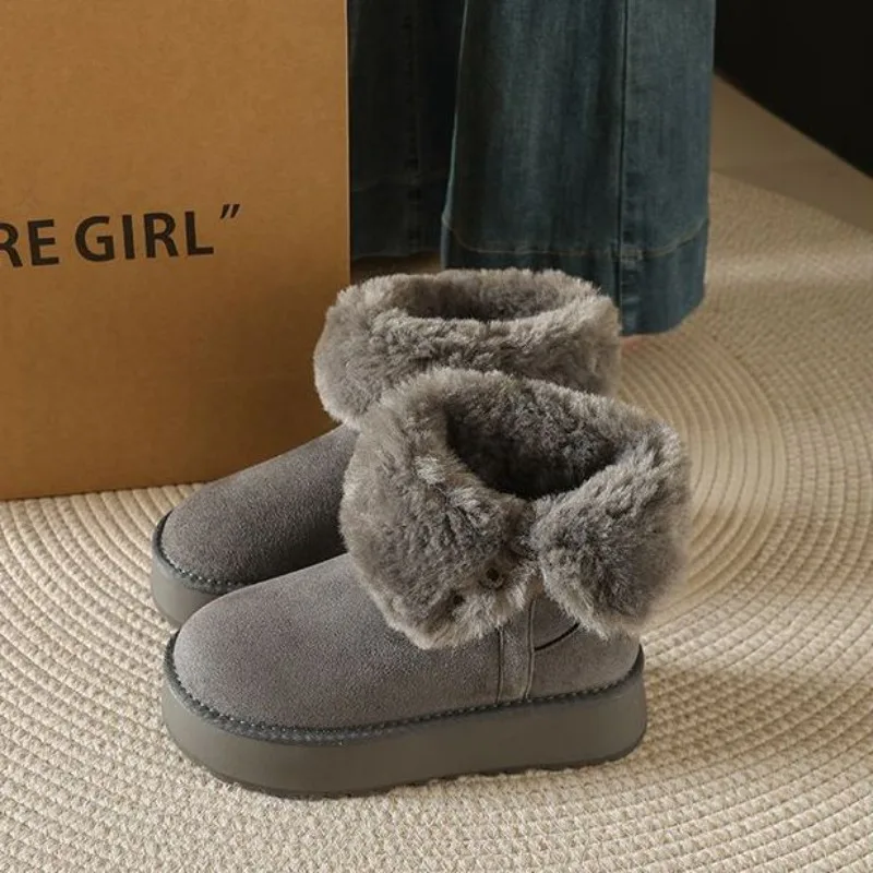 

2026 New Women's Reversible Thick - Soled Elevator Gray Snow Boots Shearling Mid - Calf Warm Cotton Boots for Autumn/Winter