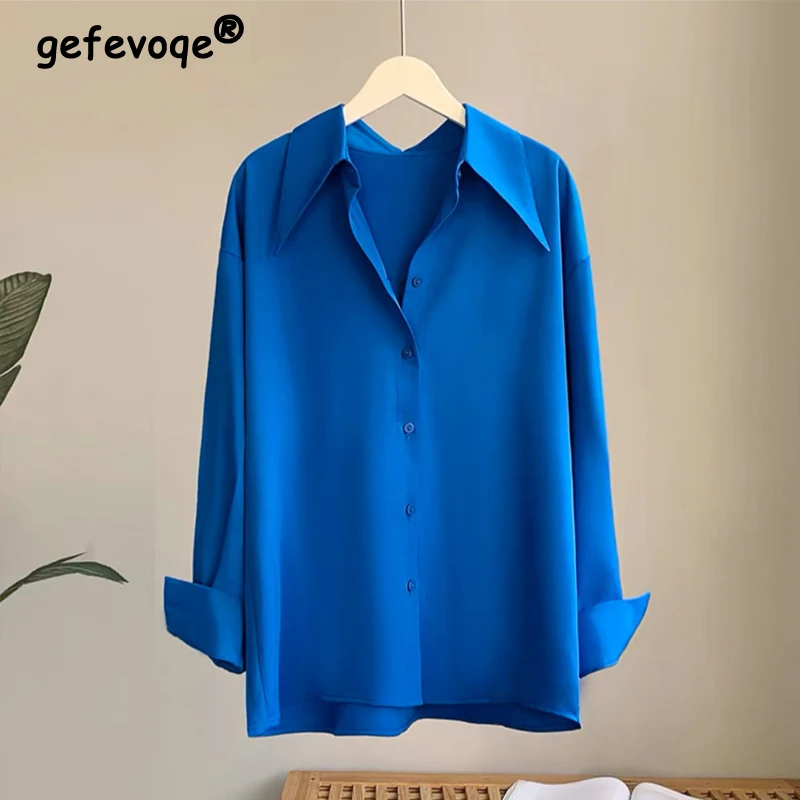 Moda coreana simples escritório senhora negócios casual retro botão acima da camisa elegante solto manga longa blusa sólida topo feminino