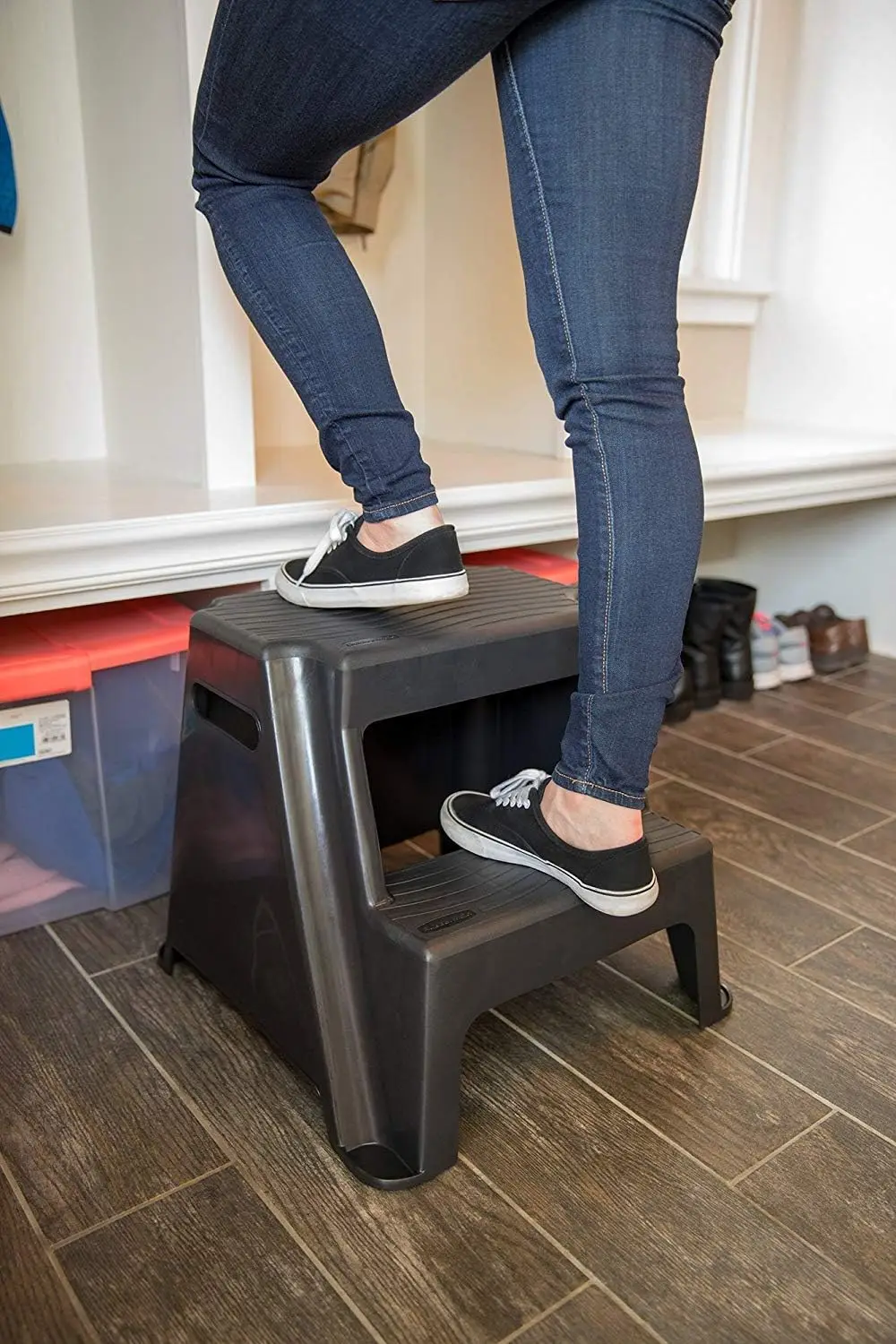 2-Step Molded Plastic Step Stool, Lightweight with Slip Resistant Treads and Non-Slip Feet, Black ( Exclusive)