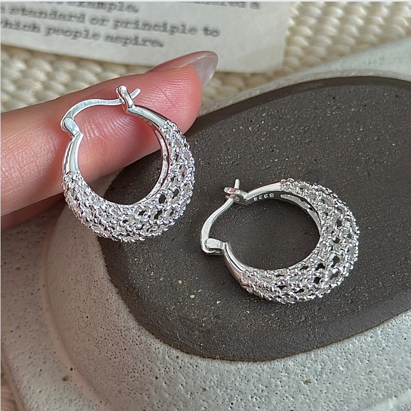 S925 pure silver Korean edition niche design retro simple mesh earrings Korean style fashionable and personalized ear accessorie