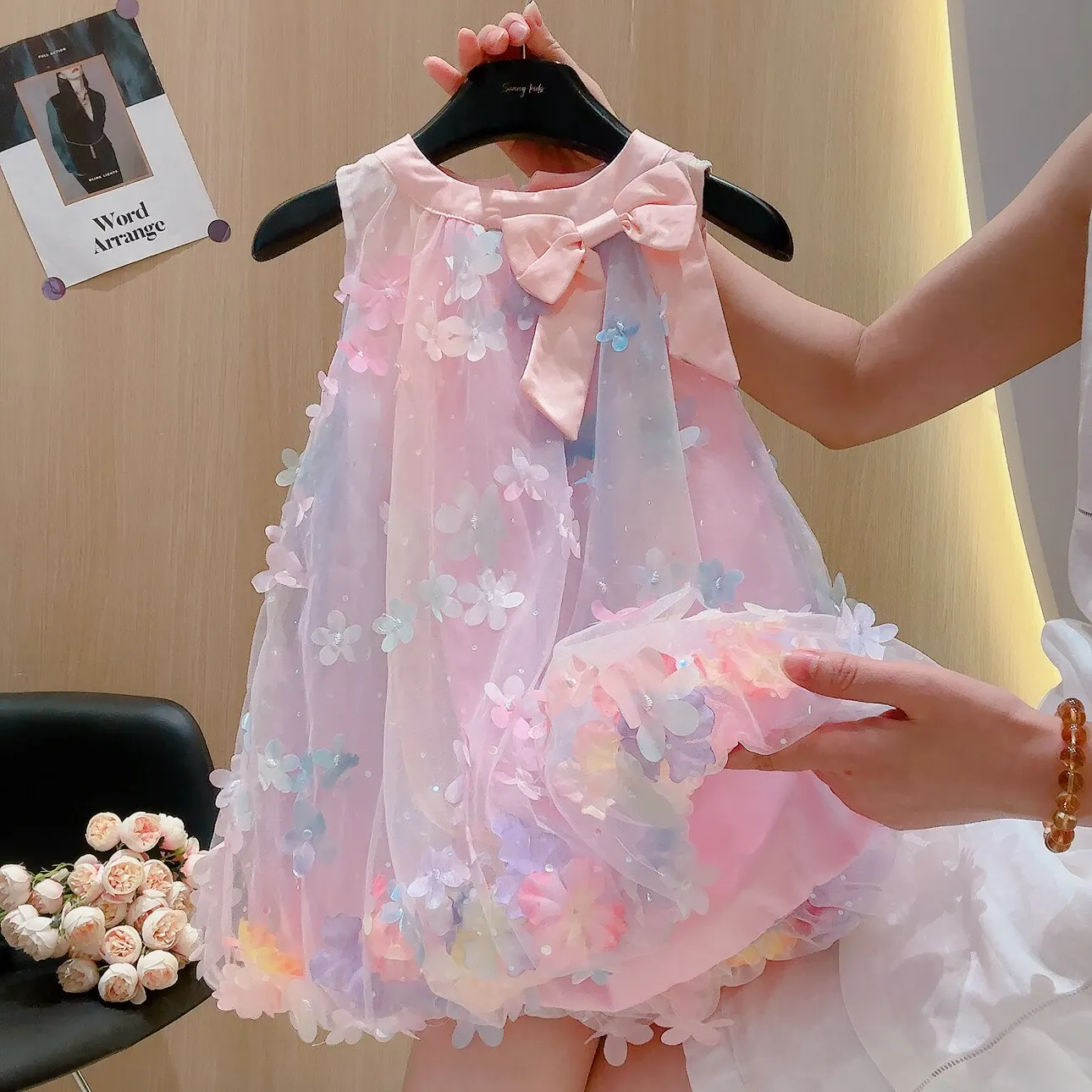 2026 Girls Cute Dazzling 3D Flower Mesh Dress Baby Girl Fairy Flower Child Sleeveless Princess Dress