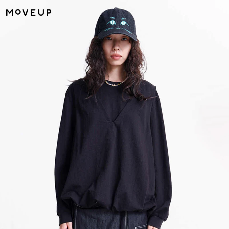 

Женская футболка MOVEUP с круглым вырезом и длинными рукавами, весна 2026, новинка, со спущенным плечом, в рубчик, имитация двухслойности, свободный крой, 3ELC11405