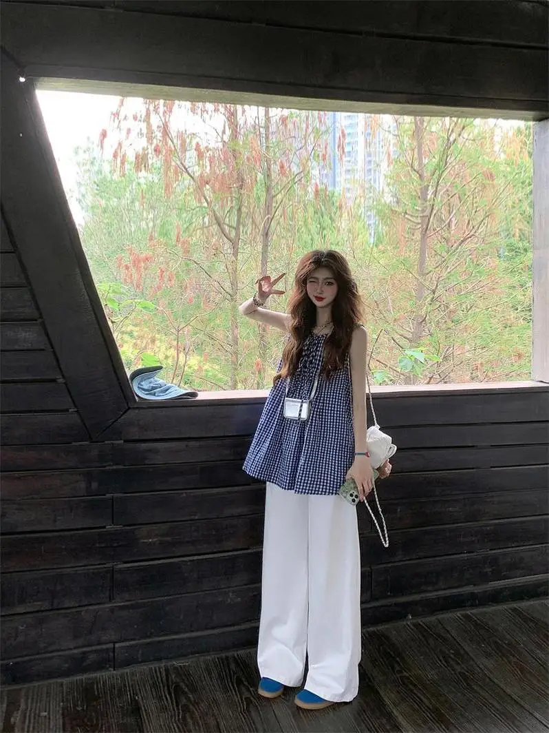 

Ретро-японская сине-белая клетчатая рубашка без рукавов для женщин, весна 2026, новая свободная удлиненная модель, оригинальный топ-накидка