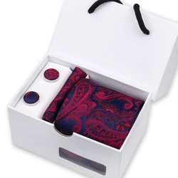 Corbata de Cachemira para hombre, corbatas de boda a rayas de vino, gemelos de pañuelo, conjunto de corbata de cuello de seda, accesorios de traje de moda de negocios de fiesta