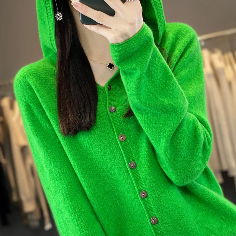 Jesienny damski kardigan z kapturem ze 100% wełny merino, sweter z długim rękawem w jednolitym kolorze, wygodny, miękki top w klasycznym stylu