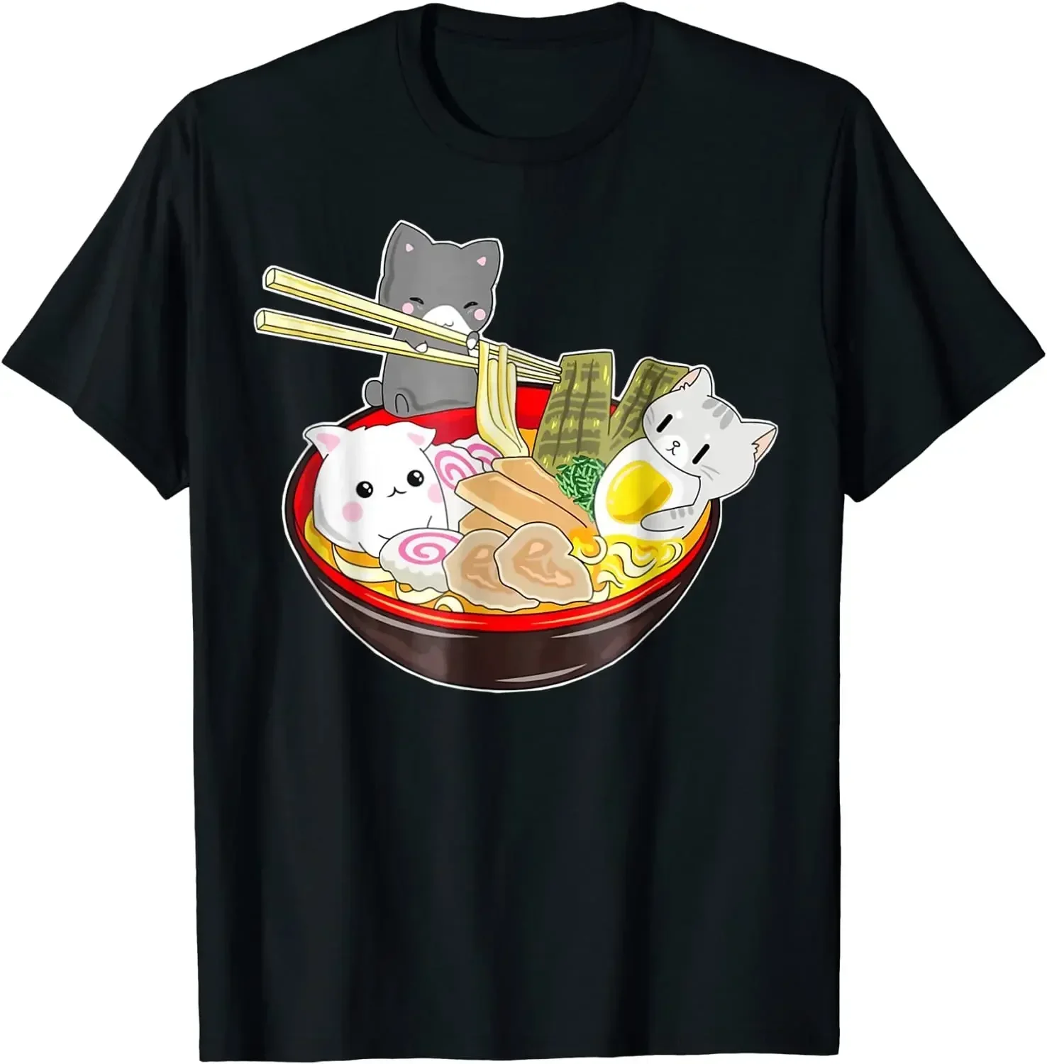 

Kawaii Cats Ramen Bowl Noodle Lover Graphic Tee Japanese Anime Style Summer Short Sleeve T-shirt