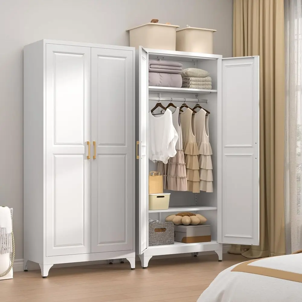 Armarios Metálicos, Armario con Barra para Colgar, Armario de Almacenamiento de Ropa con Estantes Ajustables y Puertas