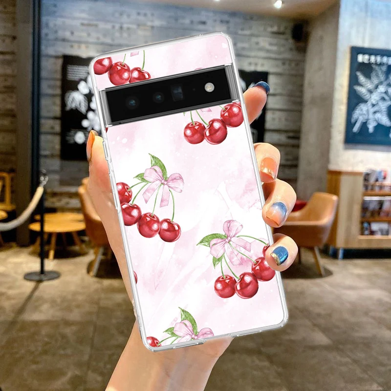 Cute Cherry Bow Phone Case For Google Pixel 9 8 7 6 Pro XL 8A 7A 6A 5 4 5A 4A 3A XL 5G soft Silicone Clear TPU Cover