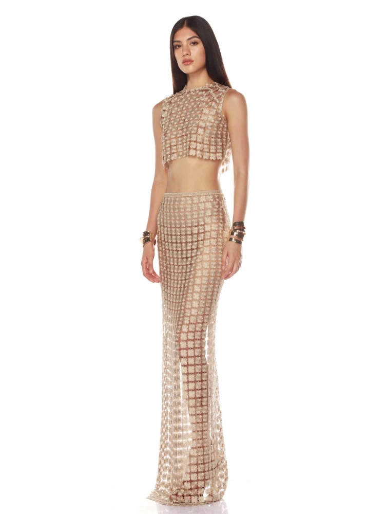 Women Champagne Hollow out Two Piece Set Sexy Sleeveless Short Top + Slim Long Skirt See Through Suits Party Evening Sets