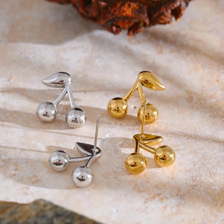 New Fashion Stainless Steel Metal Cherry Golden Stud Earrings for Women 18K PVD Plated Wholesale Waterproof Charm Jewelry Gifts