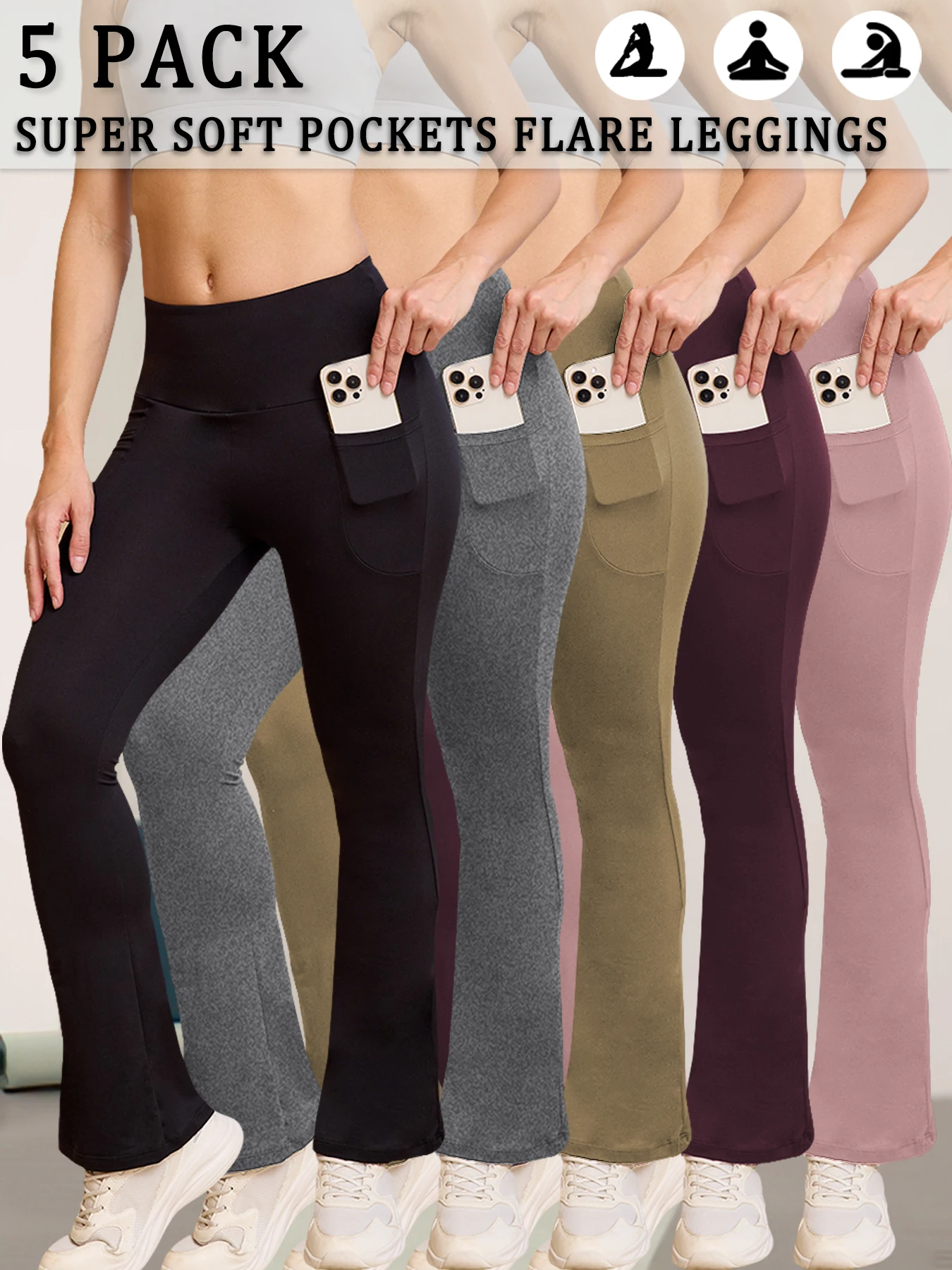 

5 Pack Women's Super Soft Flare with Pockets High Waisted Tummy Control Workout Yoga Push Up Gym Fitness Leggings Bell Bottoms