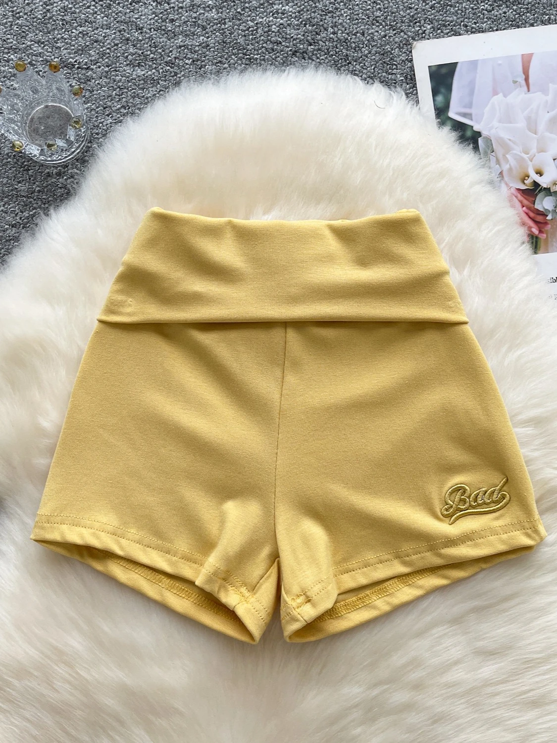 Foamlina Folded High Waist Shorts Women Fashion Solid Letters Embroidery Slim Stretch Tight Shorts Comfortable Workout Shorts
