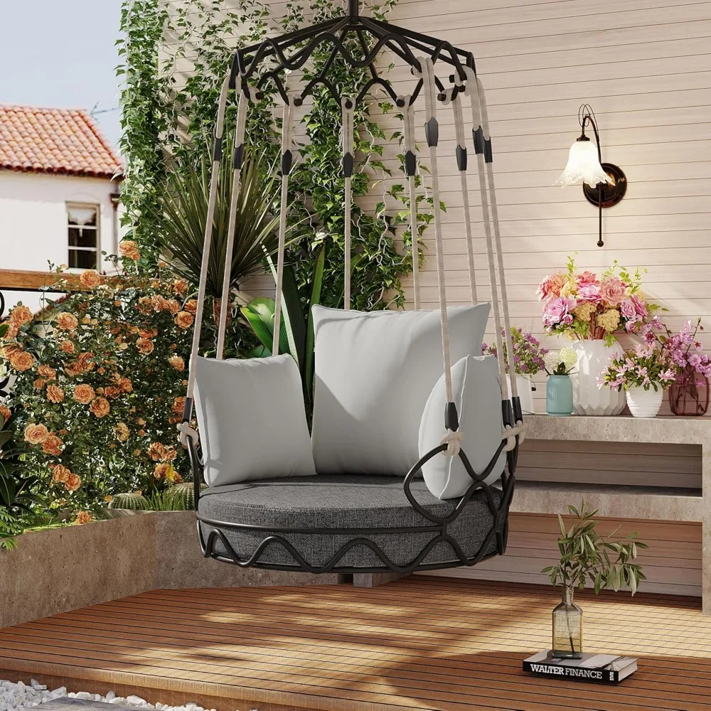 Outdoor Swing Chair for Patio, 300lbs Capacity Hanging Egg Chair with Thickened Cushion, Waterproof Olefin Fabric & Metal Frame,