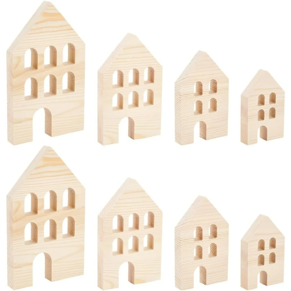 8Pcs 4 Sizes Unfinished Wooden House Blocks Wooden Tray Plates House Blank Wooden Cutouts Display Decoration Pieces